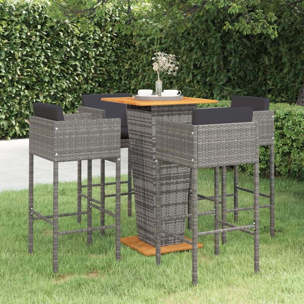 vidaXL 5 Piece Garden Bar Set with Cushions Poly Rattan Grey