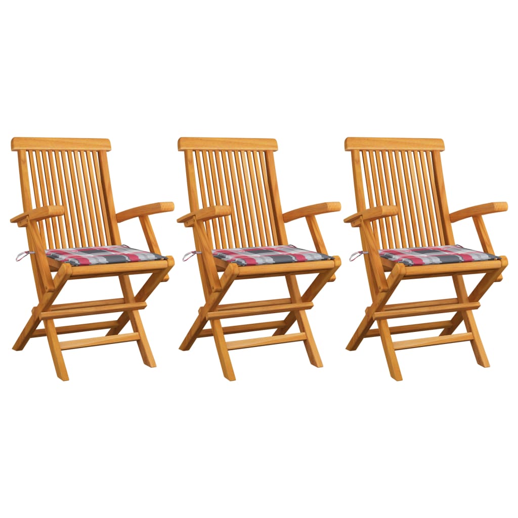 vidaXL Garden Chairs Red Check Pattern Cushions 3 pcs Solid Teak Wood