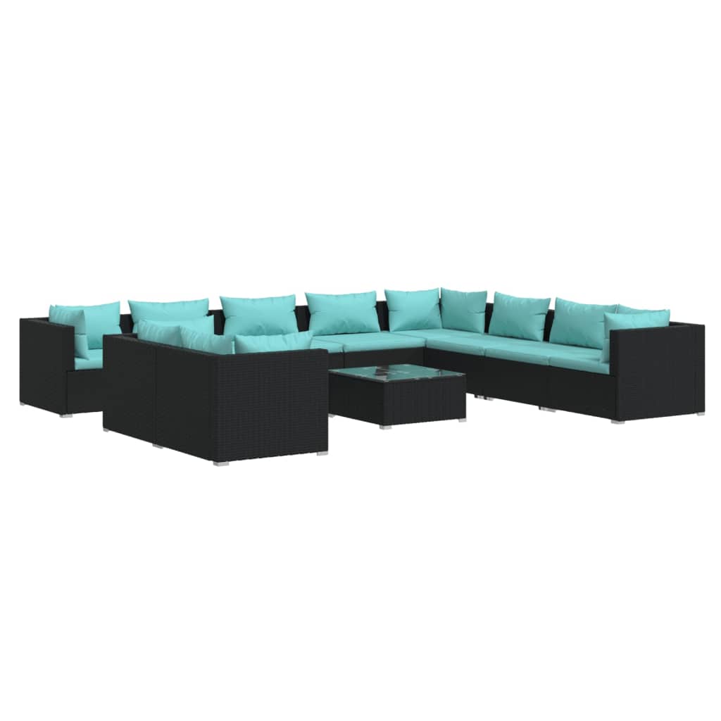 vidaXL 11 Piece Garden Lounge Set with Cushions Black Poly Rattan