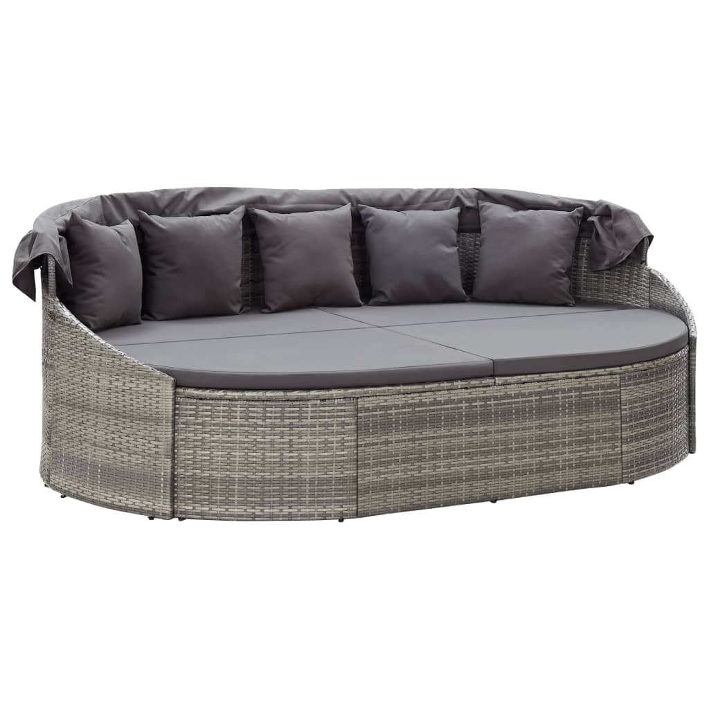 vidaXL Outdoor Lounge Bed with Canopy Poly Rattan Grey