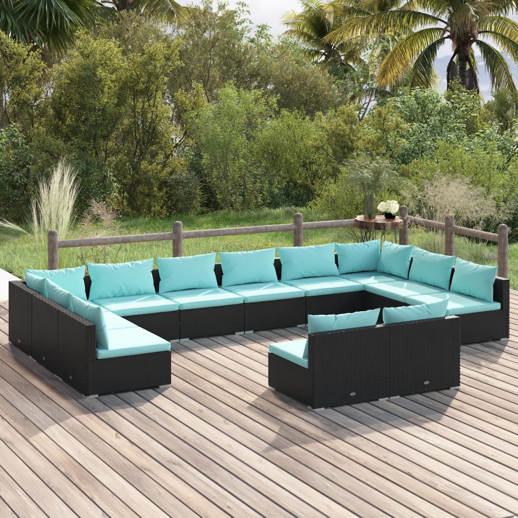 vidaXL 12 Piece Garden Lounge Set with Cushions Black Poly Rattan