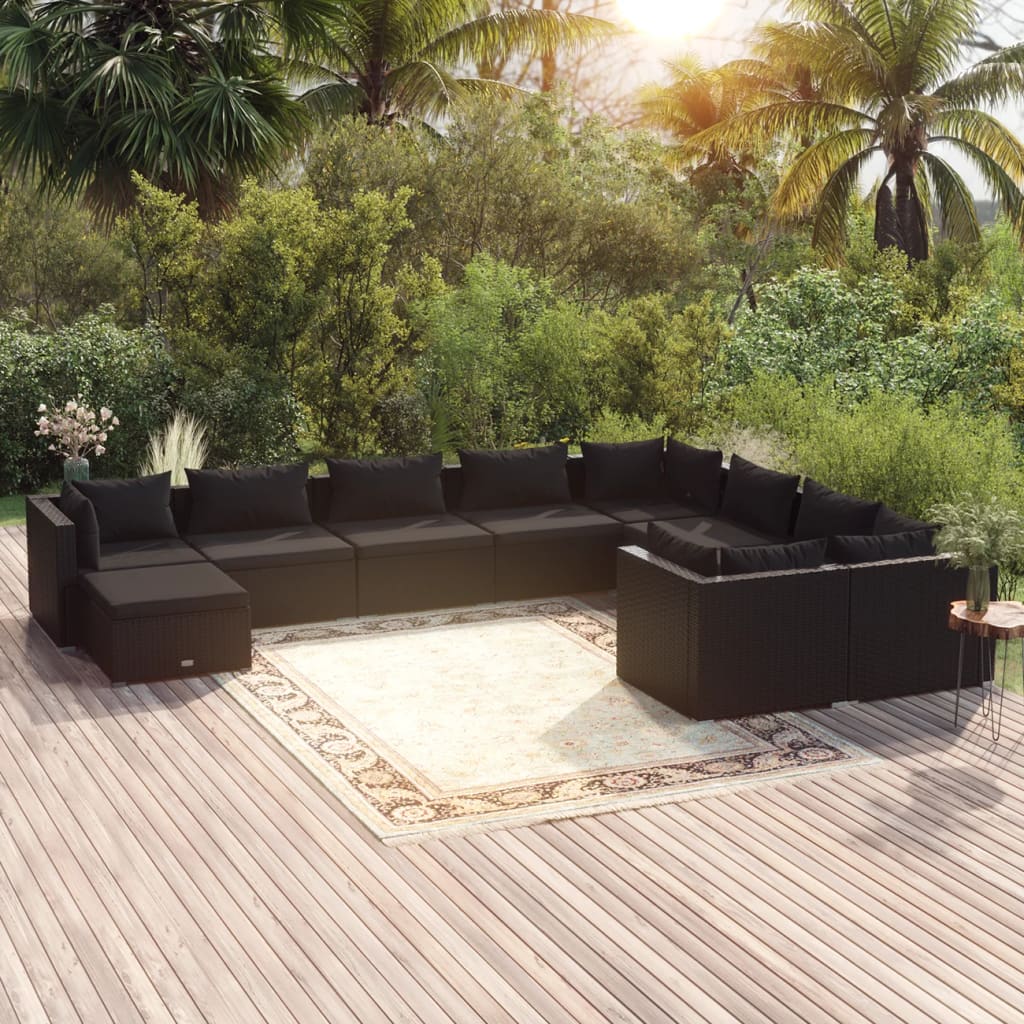 vidaXL 10 Piece Garden Lounge Set with Cushions Poly Rattan Black