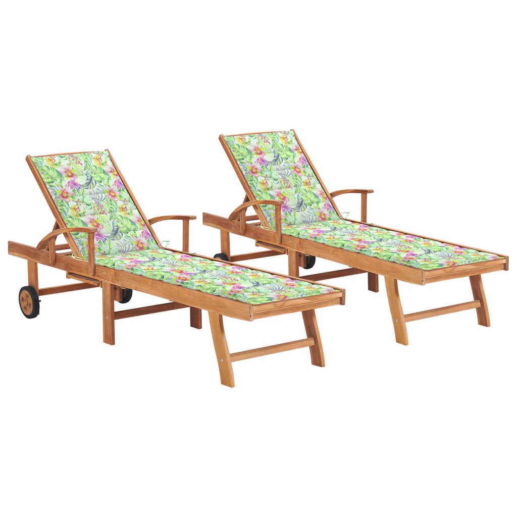 vidaXL Sun Loungers 2 pcs with Leaf Pattern Cushion Solid Teak Wood