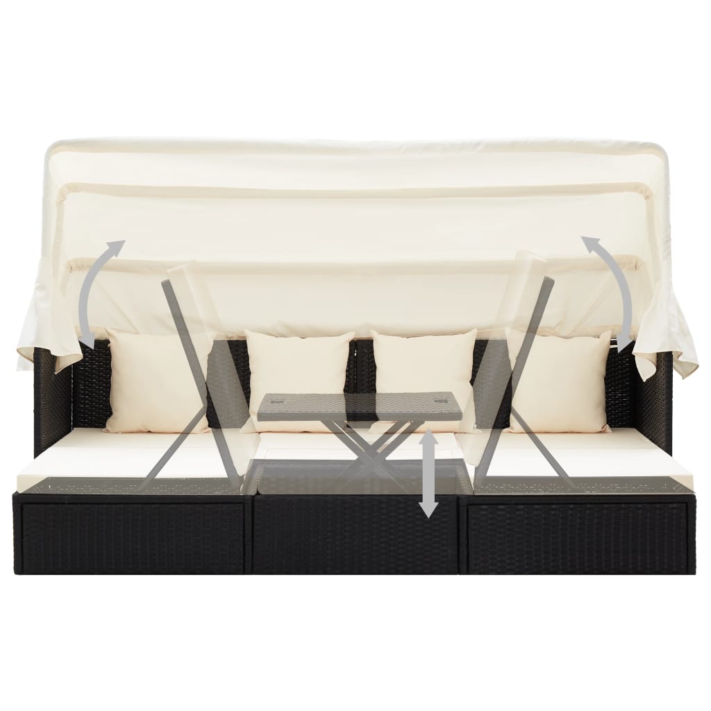 vidaXL Garden Lounge Bed with Roof Black Poly Rattan