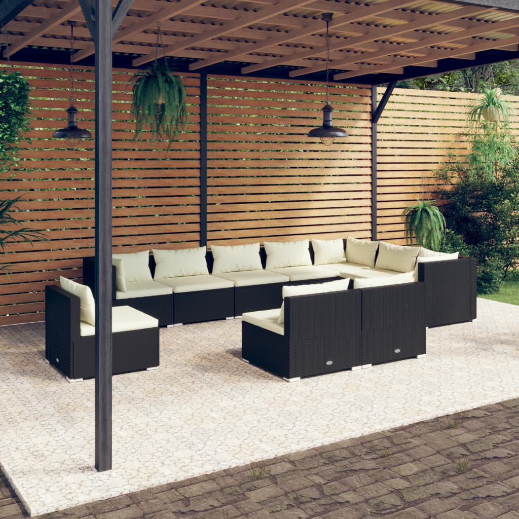 vidaXL 10 Piece Garden Lounge Set with Cushions Poly Rattan Black