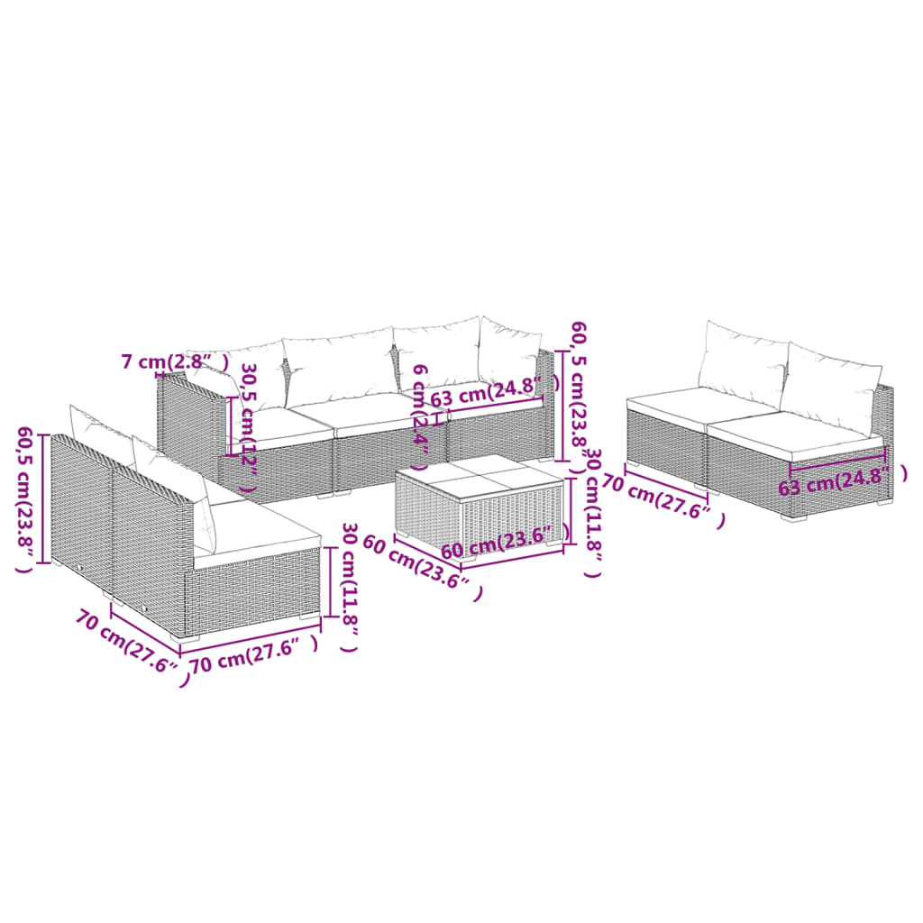 vidaXL 8 Piece Garden Lounge Set with Cushions Poly Rattan Black