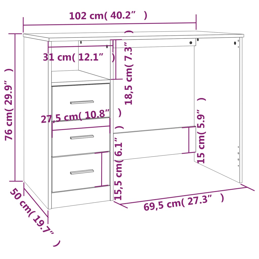 vidaXL Desk with Drawers White 102x50x76 cm Engineered Wood