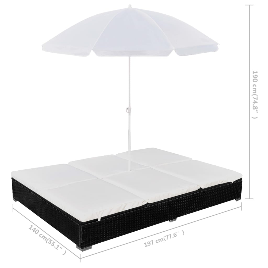 vidaXL Outdoor Lounge Bed with Umbrella Poly Rattan Black