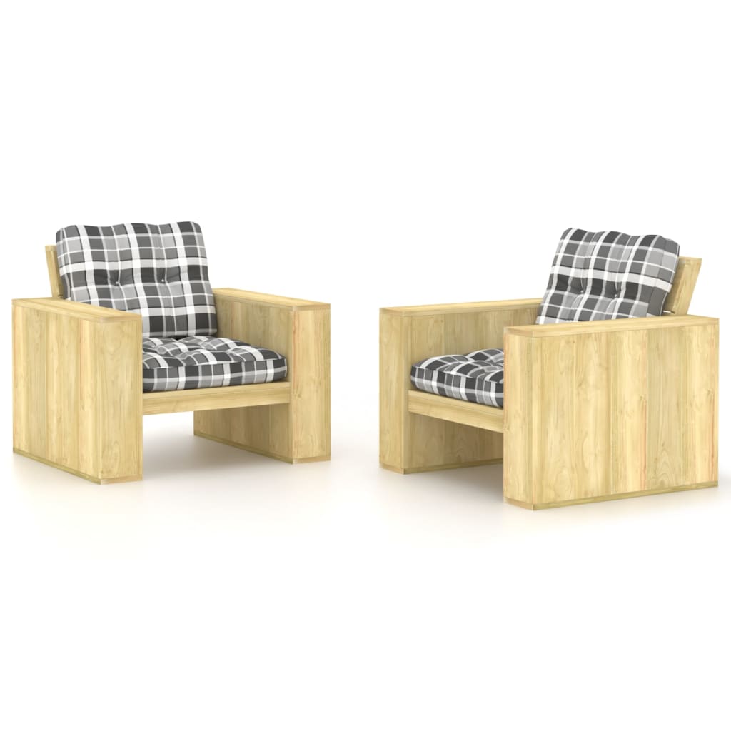 vidaXL Garden Chairs 2 pcs & Grey Check Cushions Impregnated Pinewood
