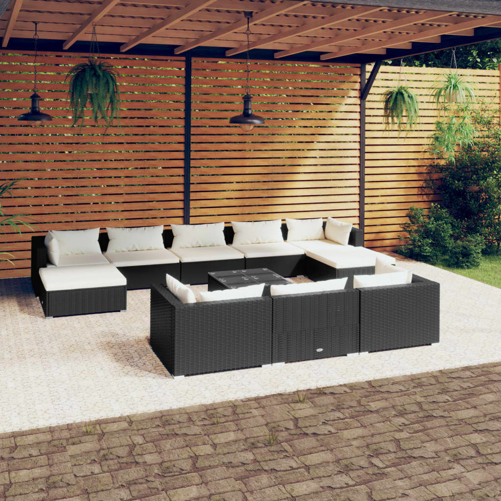 vidaXL 11 Piece Garden Lounge Set with Cushions Black Poly Rattan