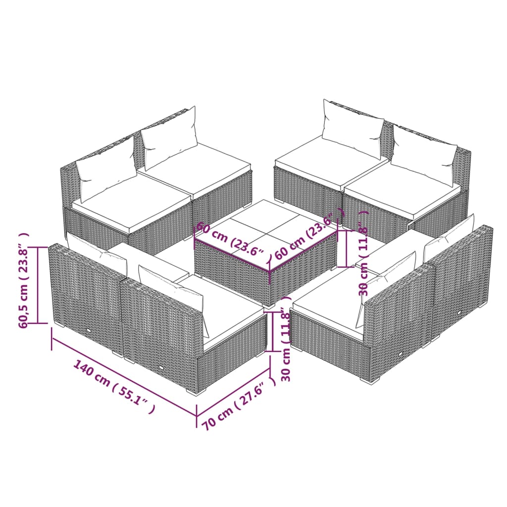 vidaXL 9 Piece Garden Lounge Set with Cushions Poly Rattan Grey