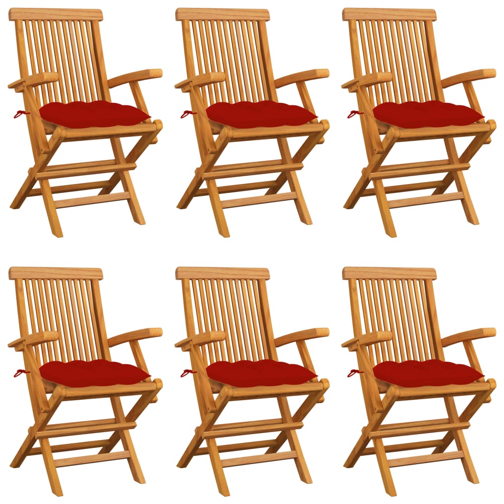 vidaXL Garden Chairs with Red Cushions 6 pcs Solid Teak Wood