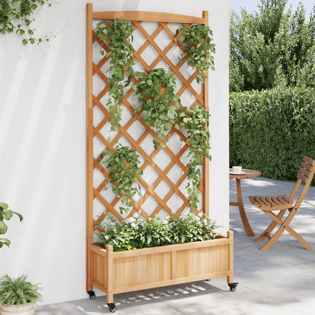 vidaXL Planter with Trellis and Wheels Brown Solid Wood Fir