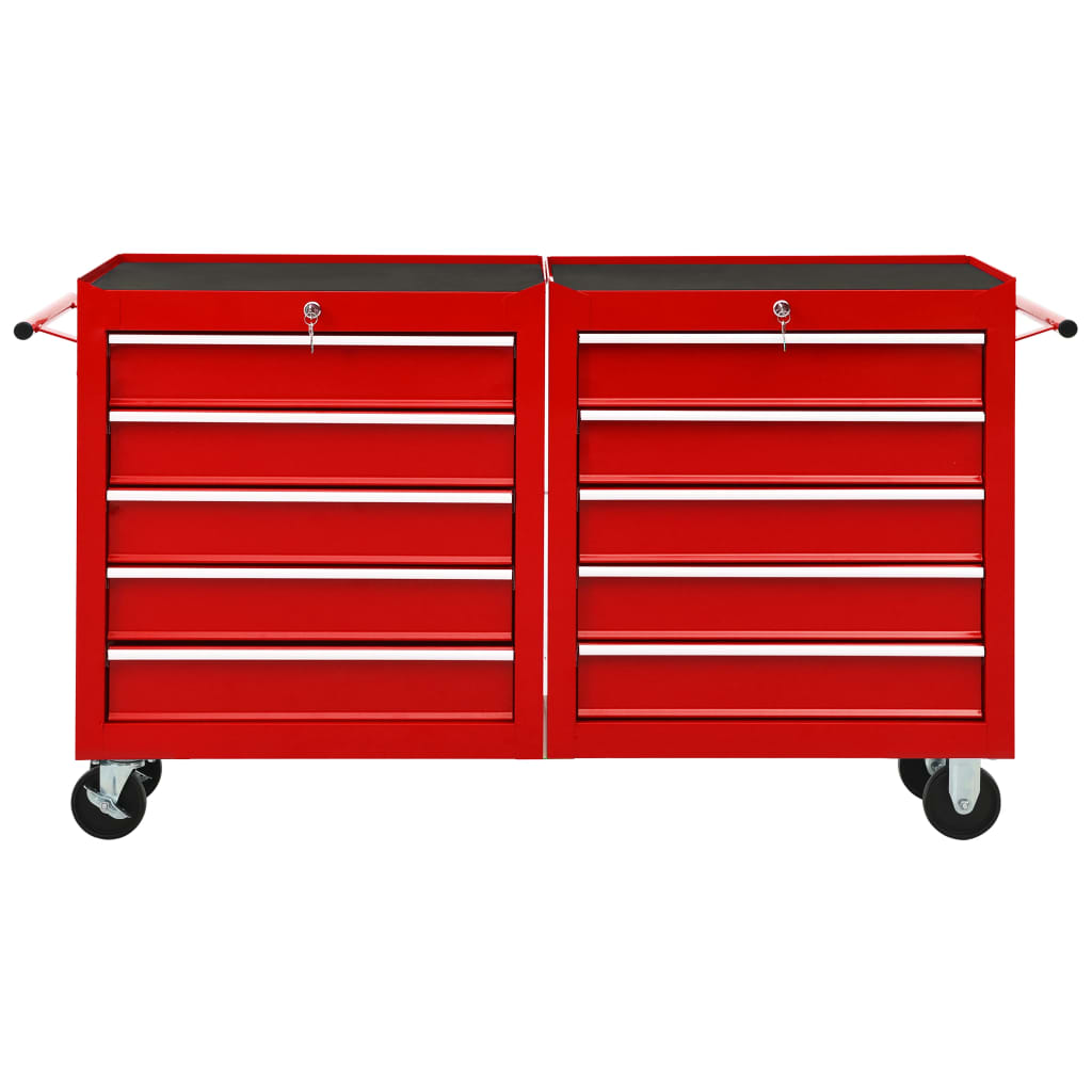 vidaXL Tool Trolley with 10 Drawers Steel Red (147175+147176)