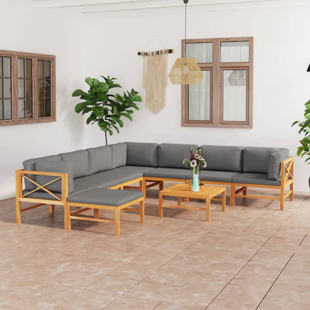 vidaXL 9 Piece Garden Lounge Set with Grey Cushions Solid Teak Wood