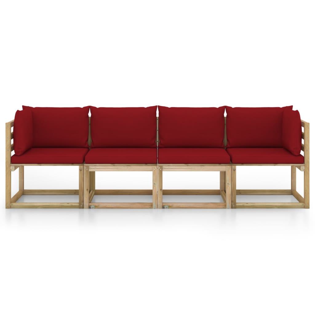vidaXL 4-Seater Garden Sofa with Wine Red Cushions