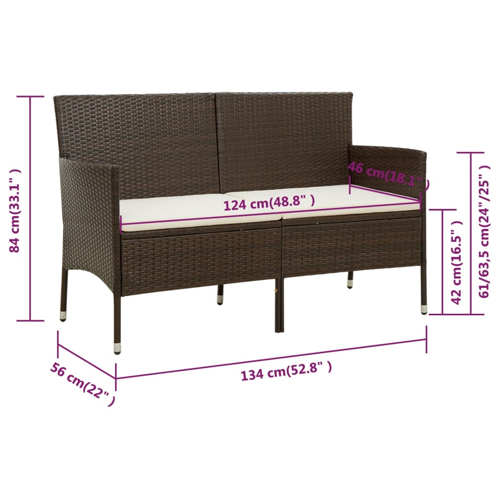 vidaXL 3-Seater Garden Sofa with Cushion Brown Poly Rattan