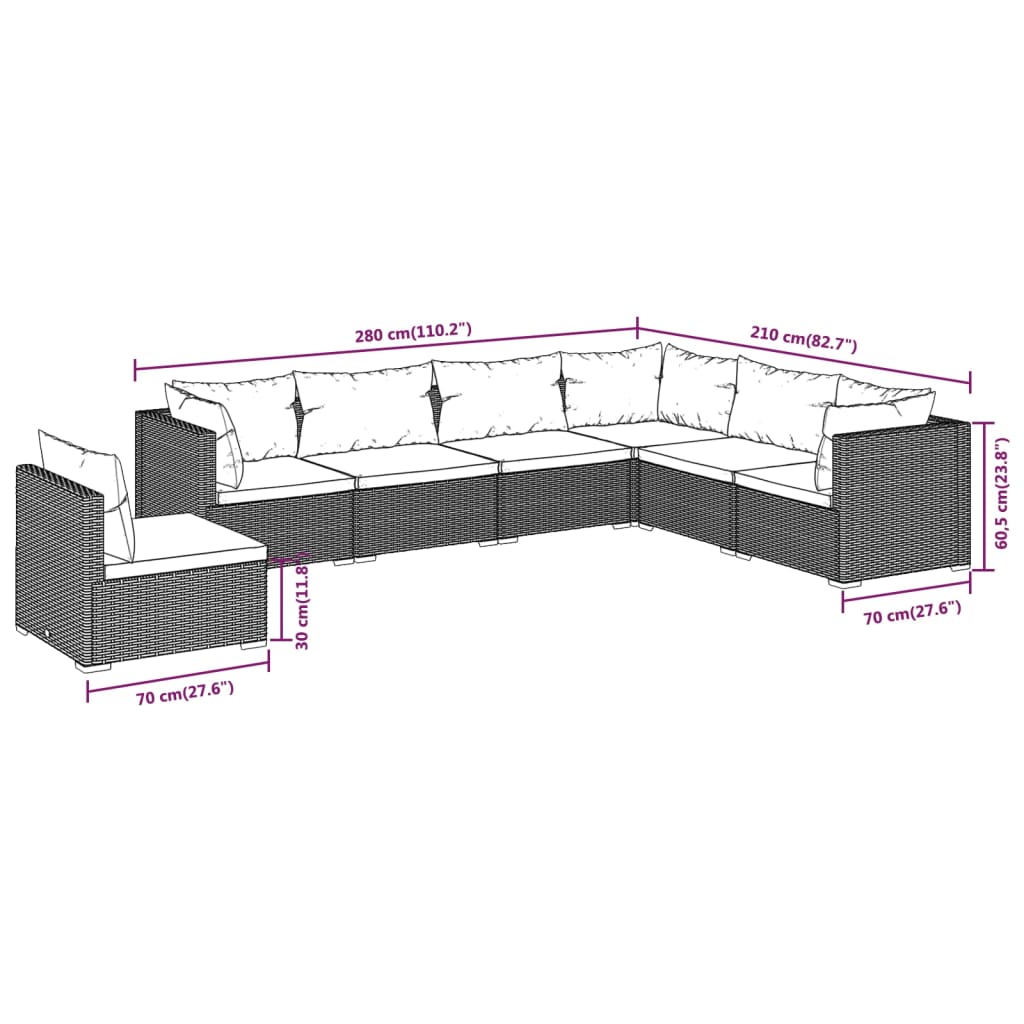 vidaXL 7 Piece Garden Lounge Set with Cushions Poly Rattan Brown