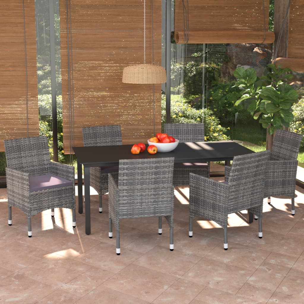 vidaXL 7 Piece Garden Dining Set with Cushions Poly Rattan Grey