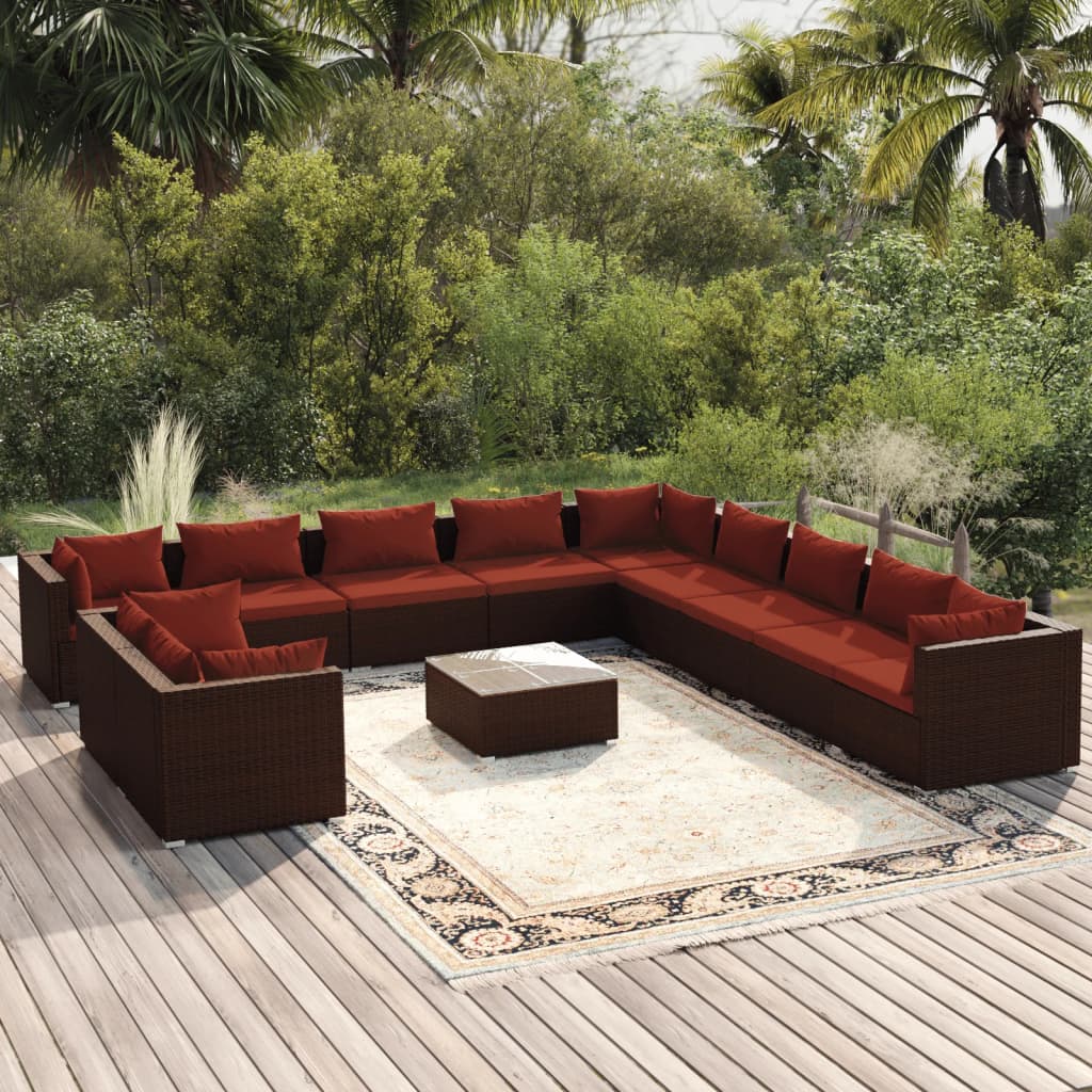 vidaXL 12 Piece Garden Lounge Set with Cushions Brown Poly Rattan