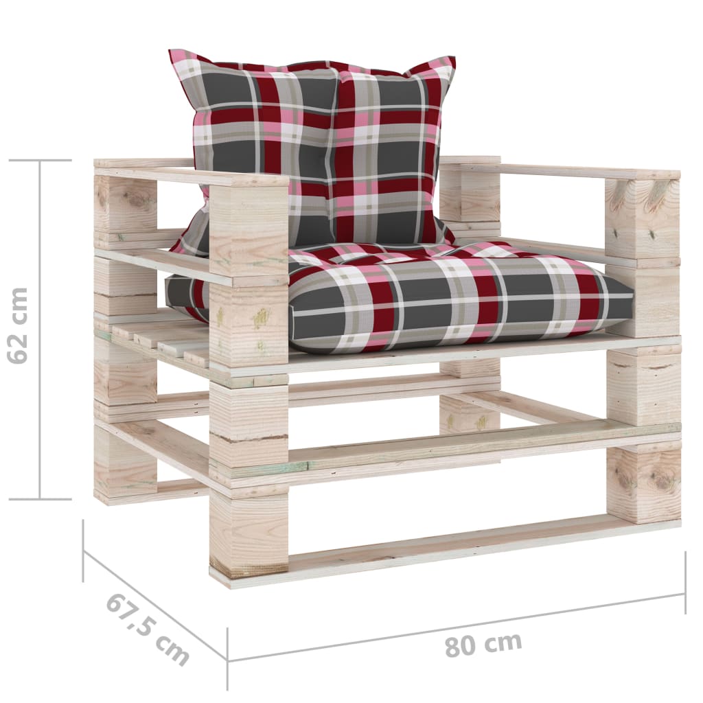 vidaXL Garden Pallet Sofa with Red Check Pattern Cushions Pinewood
