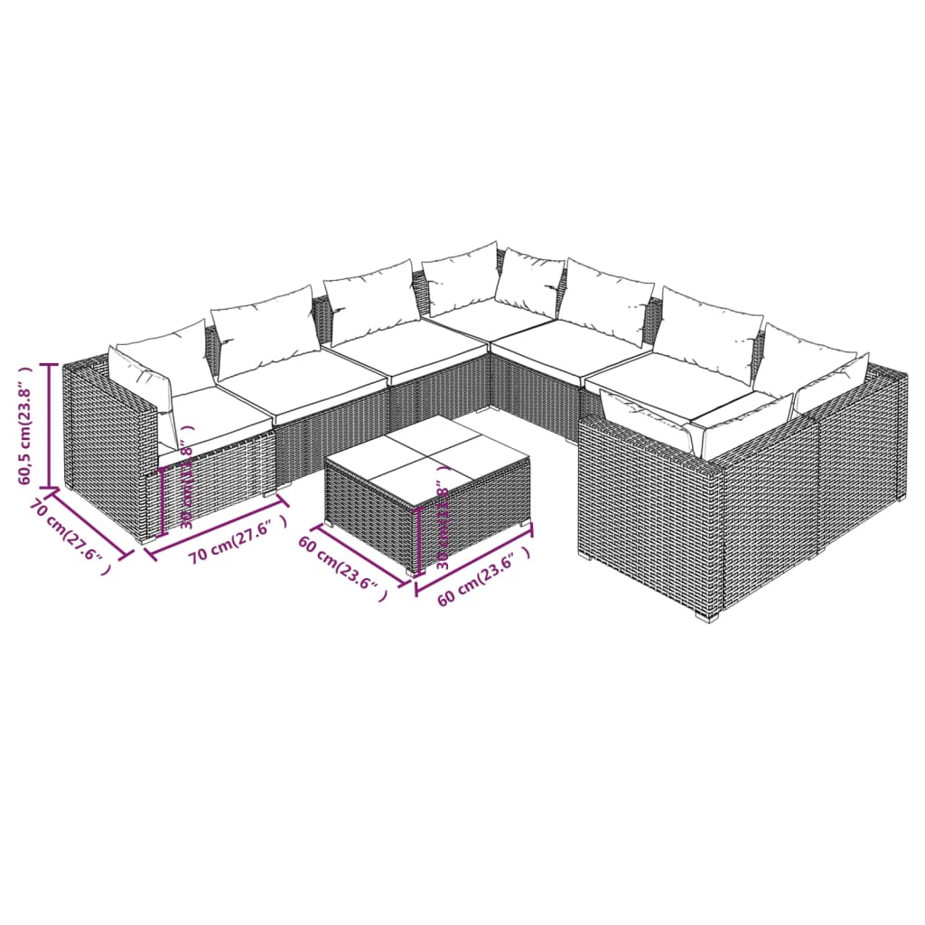 vidaXL 9 Piece Garden Lounge Set with Cushions Poly Rattan Brown