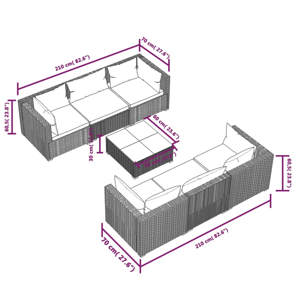 vidaXL 7 Piece Garden Lounge Set with Cushions Poly Rattan Grey