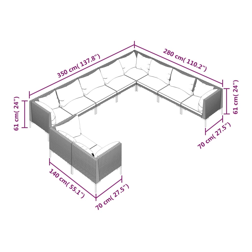 vidaXL 10 Piece Garden Lounge Set with Cushions Poly Rattan Dark Grey