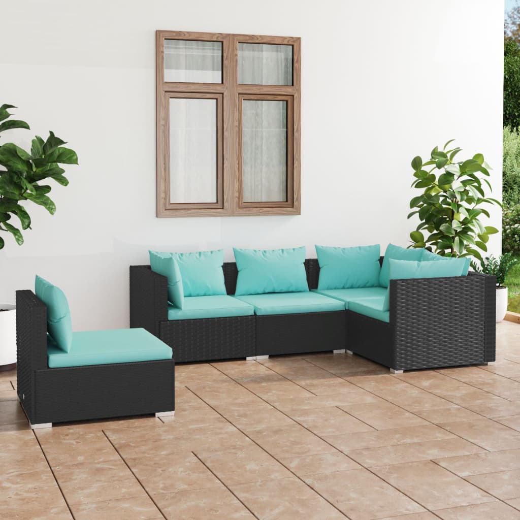 vidaXL 5 Piece Garden Lounge Set with Cushions Poly Rattan Black