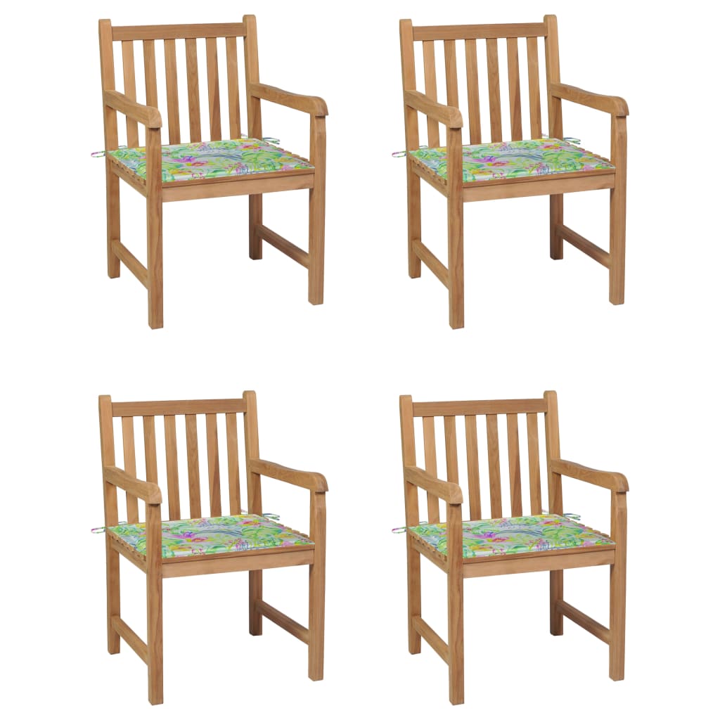 vidaXL Garden Chairs 4 pcs with Leaf Pattern Cushions Solid Teak Wood