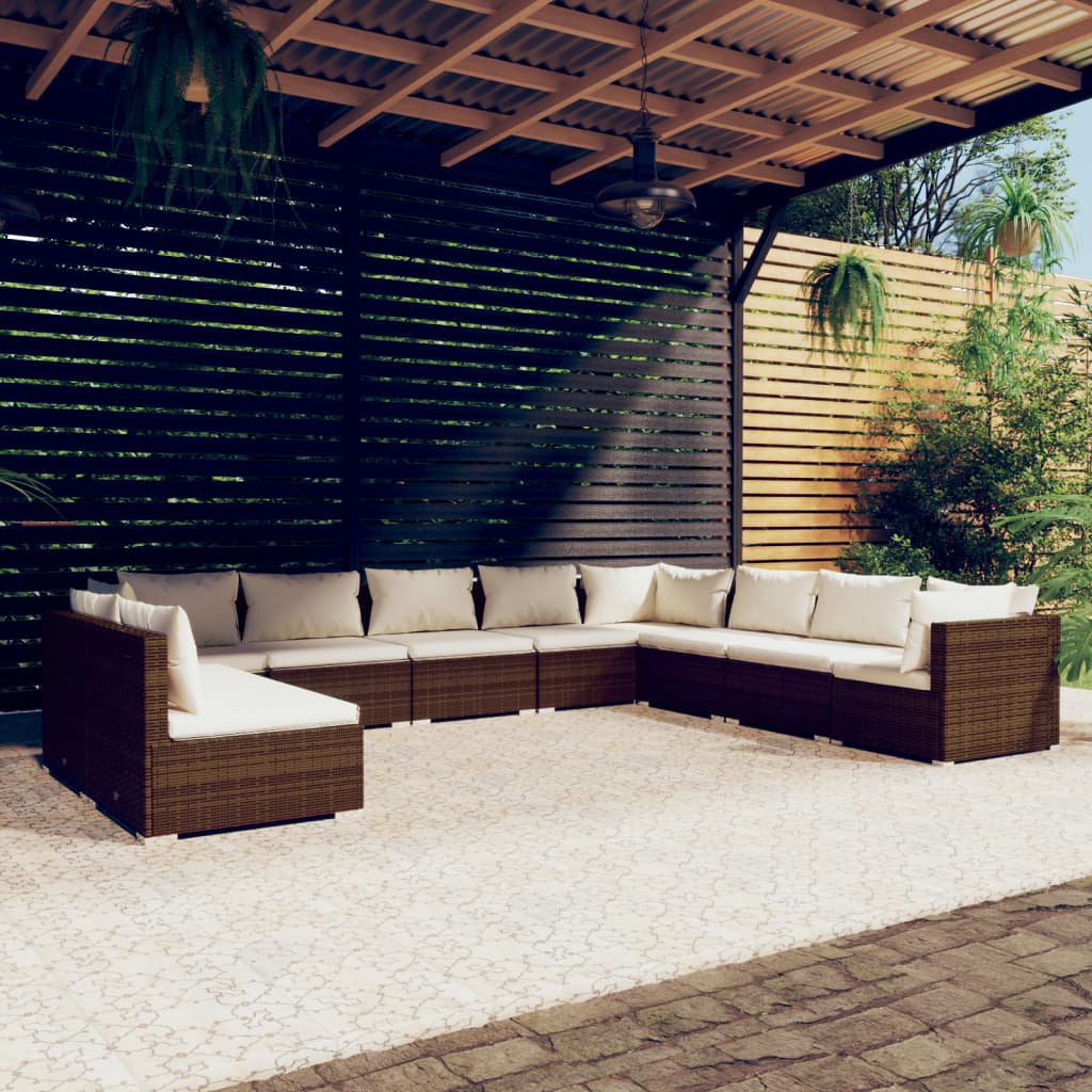 vidaXL 10 Piece Garden Lounge Set with Cushions Brown Poly Rattan
