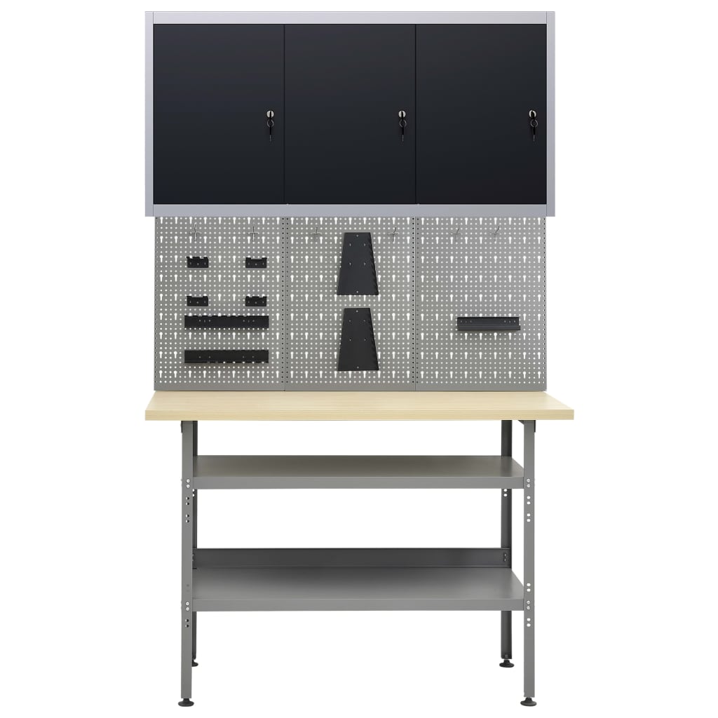 vidaXL Workbench with Three Wall Panels and One Cabinet