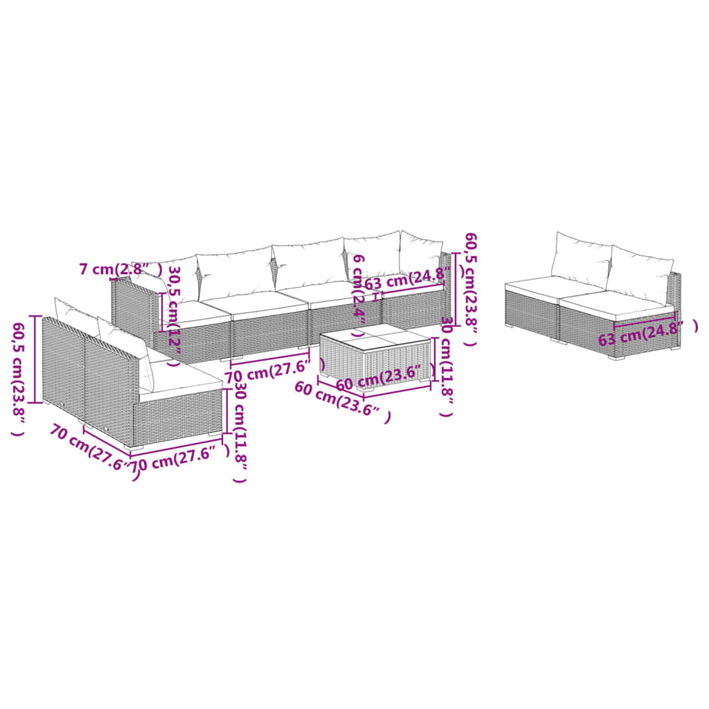 vidaXL 9 Piece Garden Lounge Set with Cushions Poly Rattan Brown