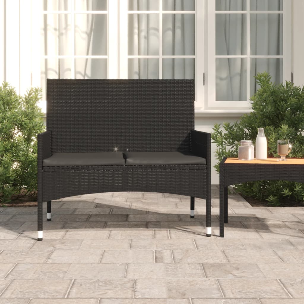 vidaXL 2-Seater Garden Bench with Cushions Black Poly Rattan