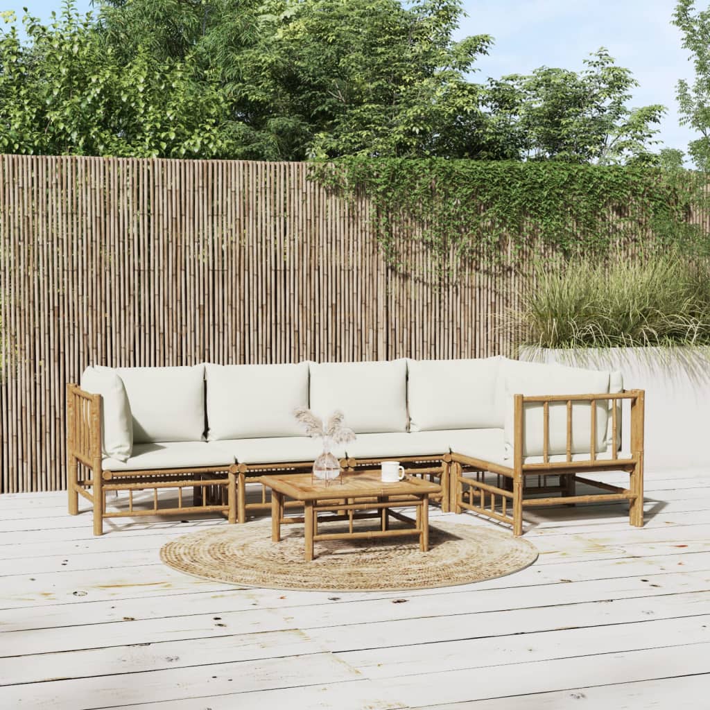 vidaXL 6 Piece Garden Lounge Set with Cream White Cushions Bamboo