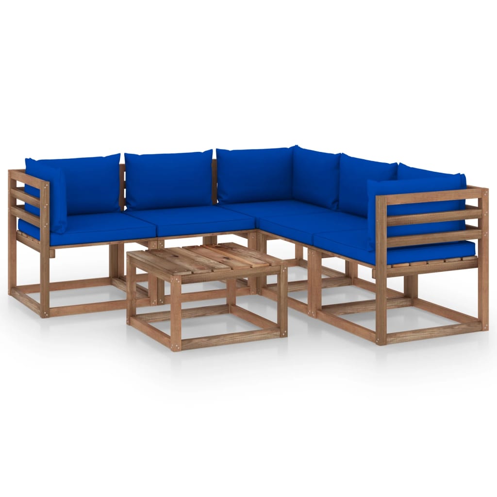 vidaXL 6 Piece Garden Lounge Set Blue Cushion Impregnated Pinewood