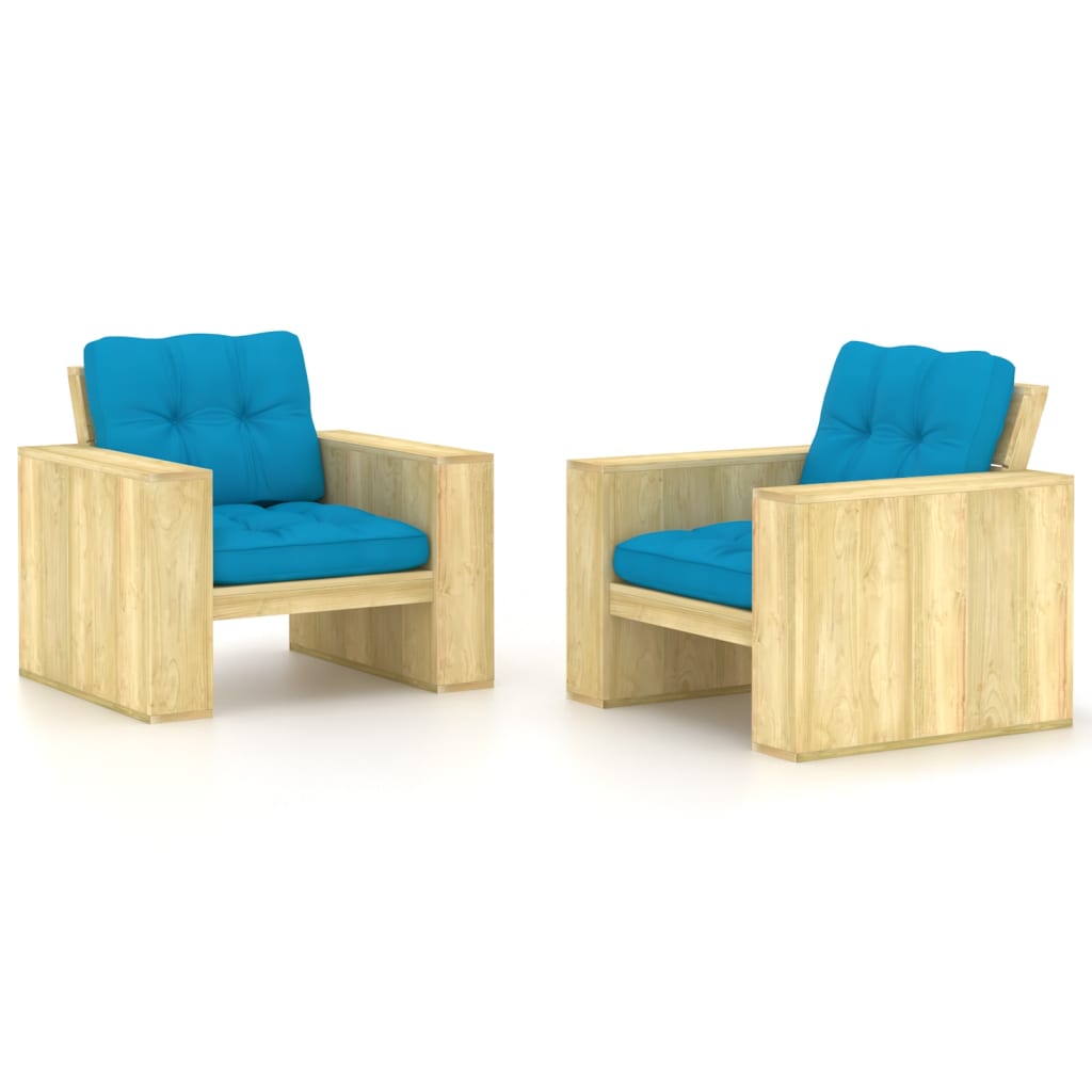 vidaXL Garden Chairs 2 pcs & Blue Cushions Impregnated Pinewood
