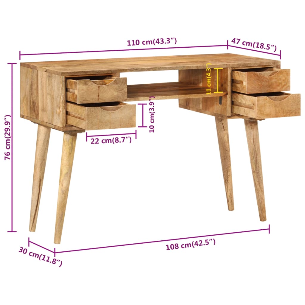 vidaXL Desk with Drawers 110x47x76 cm Solid Wood Mango