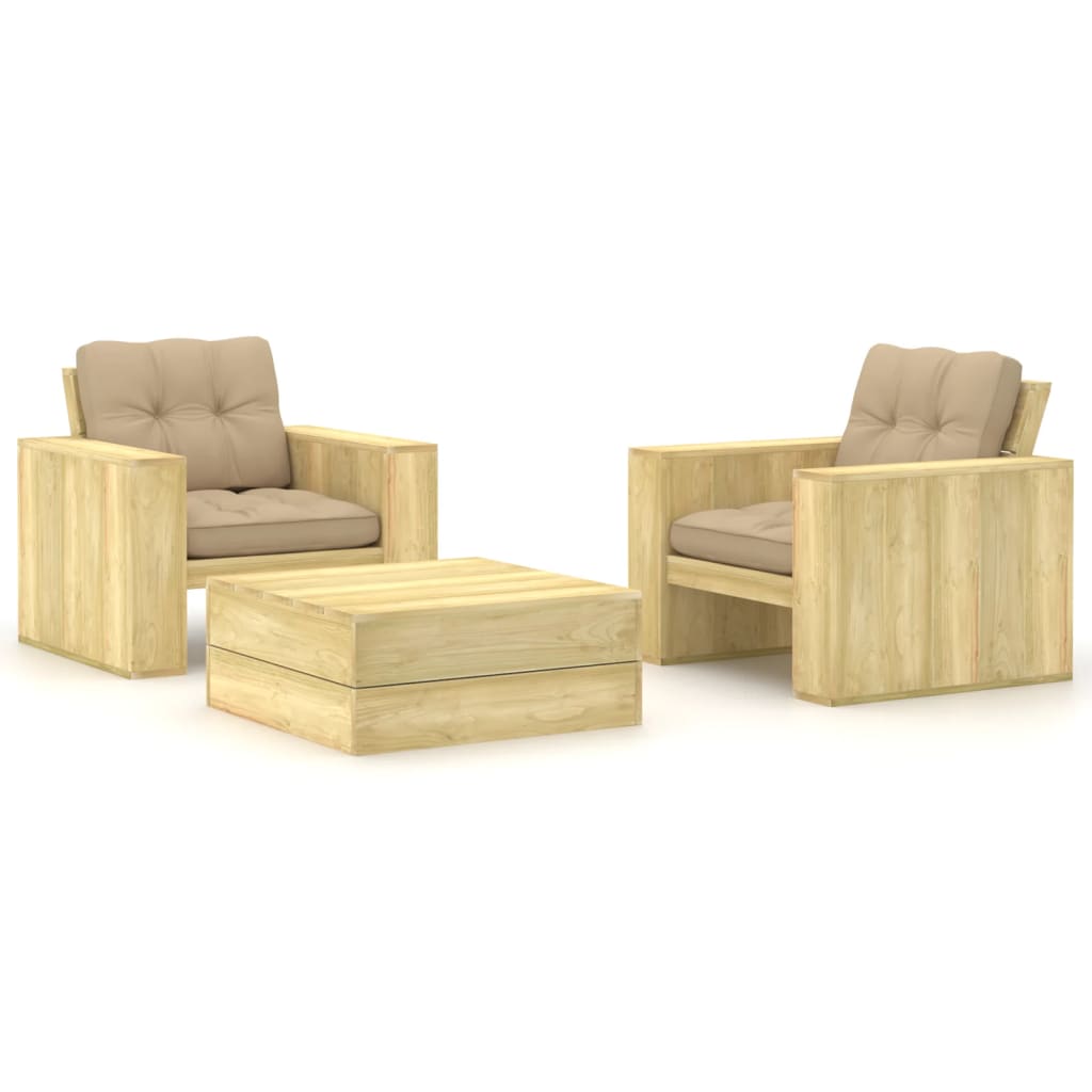 vidaXL 3 Piece Garden Lounge Set with Cushions Impregnated Pinewood