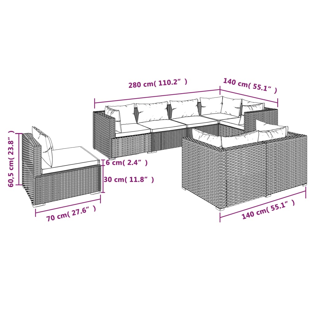 vidaXL 8 Piece Garden Lounge Set with Cushions Poly Rattan Grey