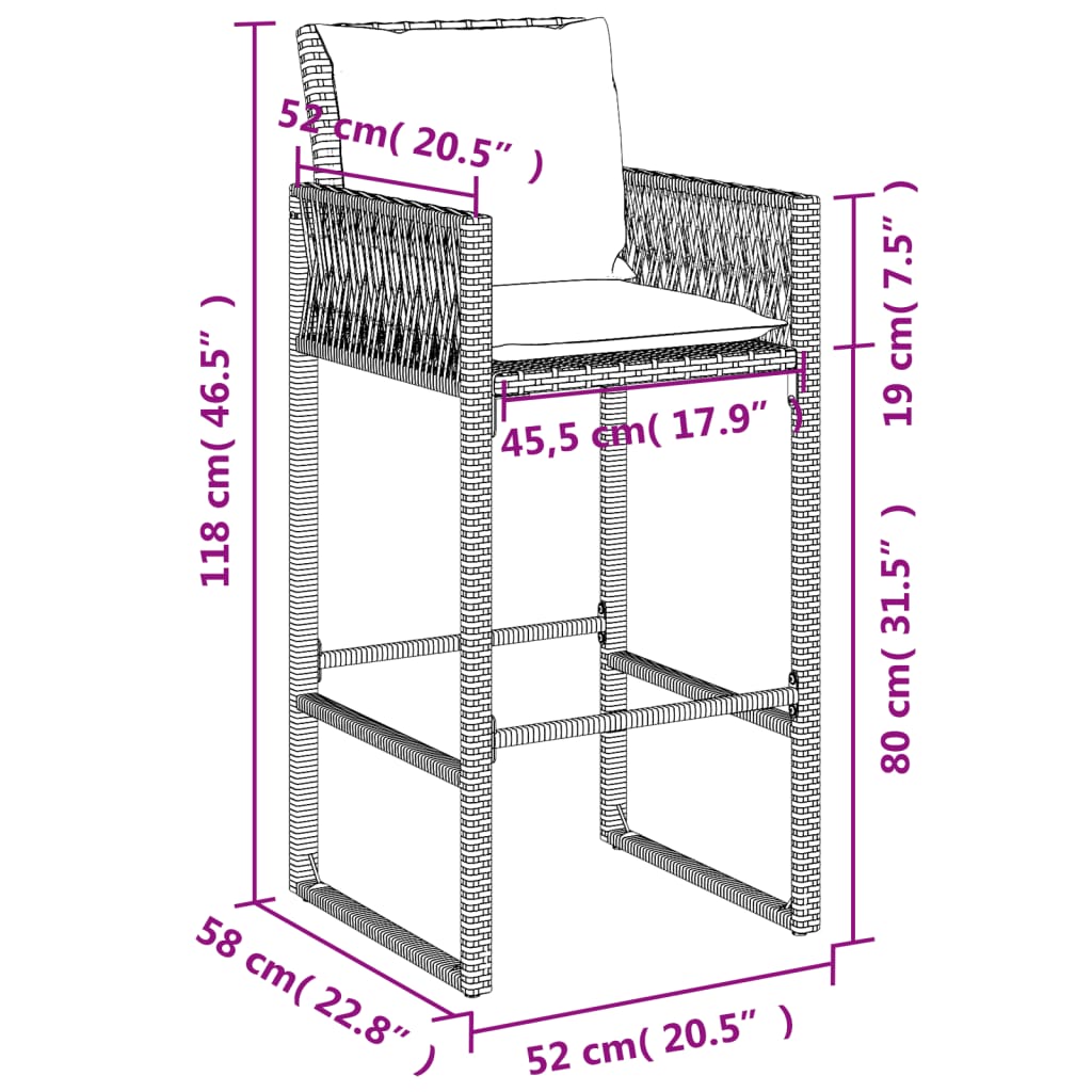 vidaXL Garden Bar Stools with Cushions 2 pcs Grey Poly Rattan