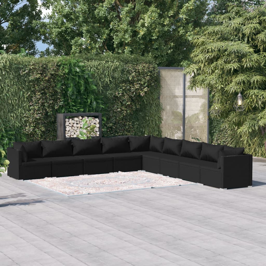 vidaXL 9 Piece Garden Lounge Set with Cushions Poly Rattan Black