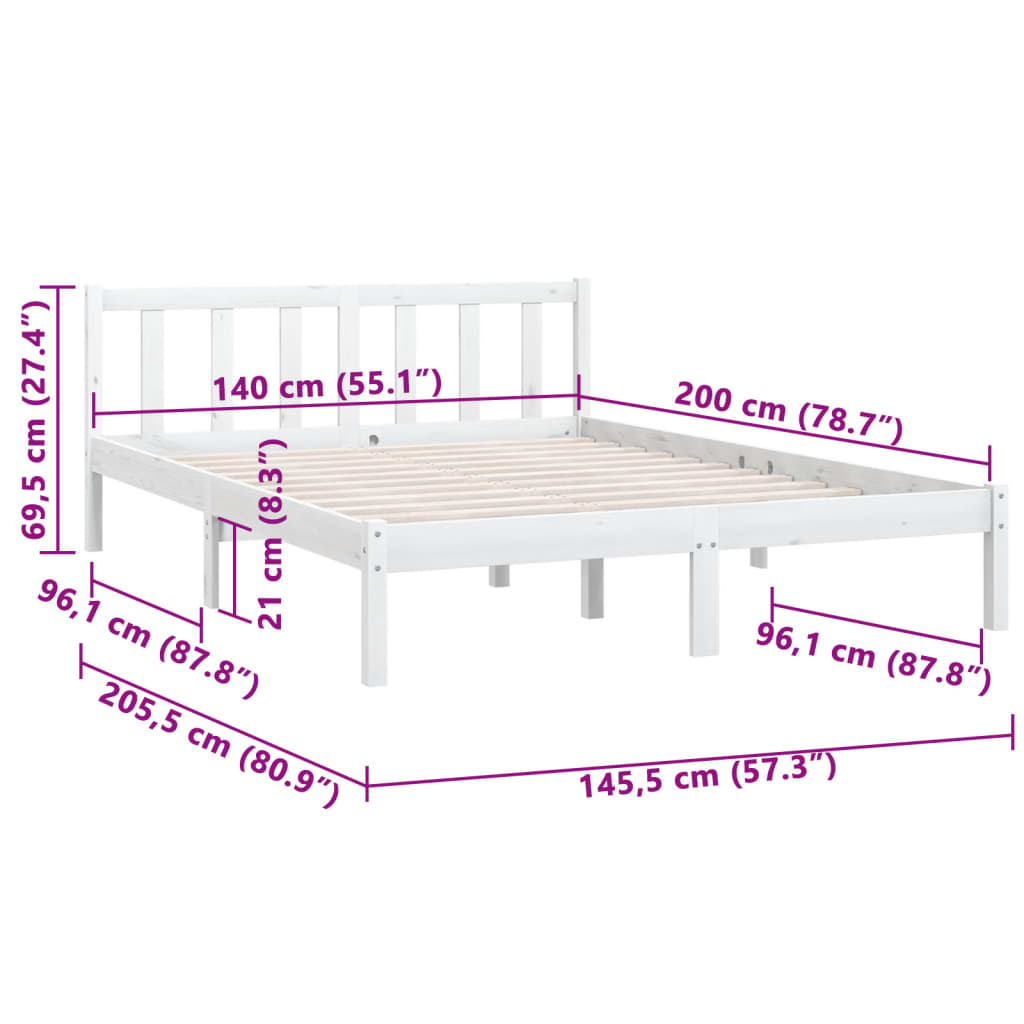 vidaXL Bed Frame White Solid Pinewood 140x200 cm