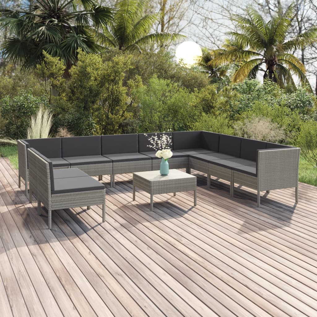 vidaXL 11 Piece Garden Lounge Set with Cushions Poly Rattan Grey