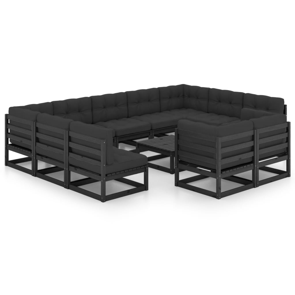 vidaXL 12 Piece Garden Lounge Set with Cushions Black Solid Pinewood