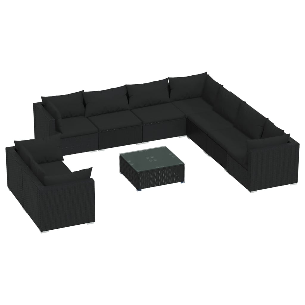 vidaXL 10 Piece Garden Lounge Set with Cushions Black Poly Rattan