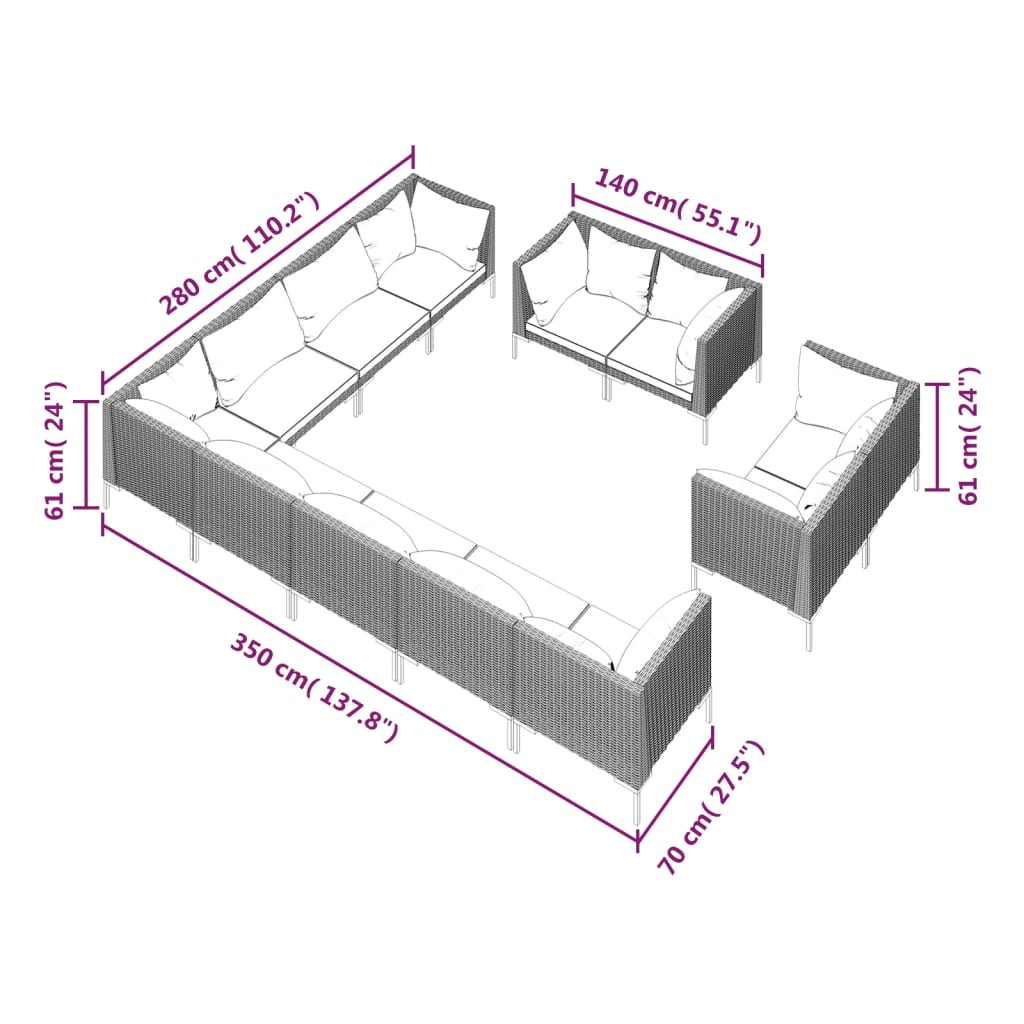vidaXL 12 Piece Garden Lounge Set with Cushions Poly Rattan Dark Grey