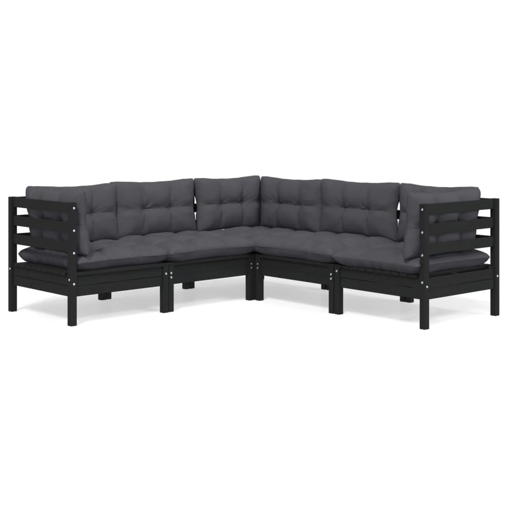 vidaXL 5 Piece Garden Lounge Set with Cushions Black Solid Pinewood
