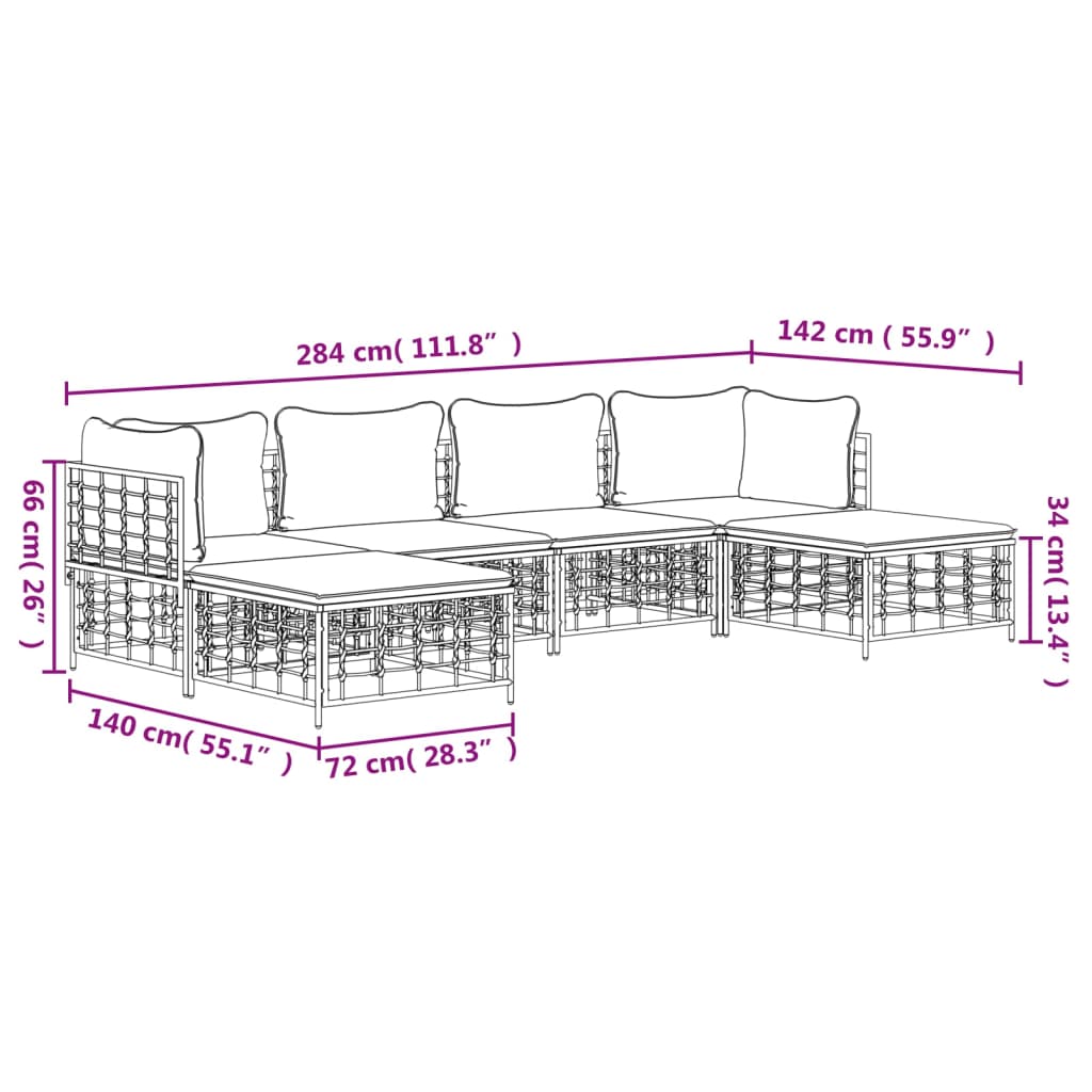 vidaXL 6 Piece Garden Lounge Set with Cushions Anthracite Poly Rattan