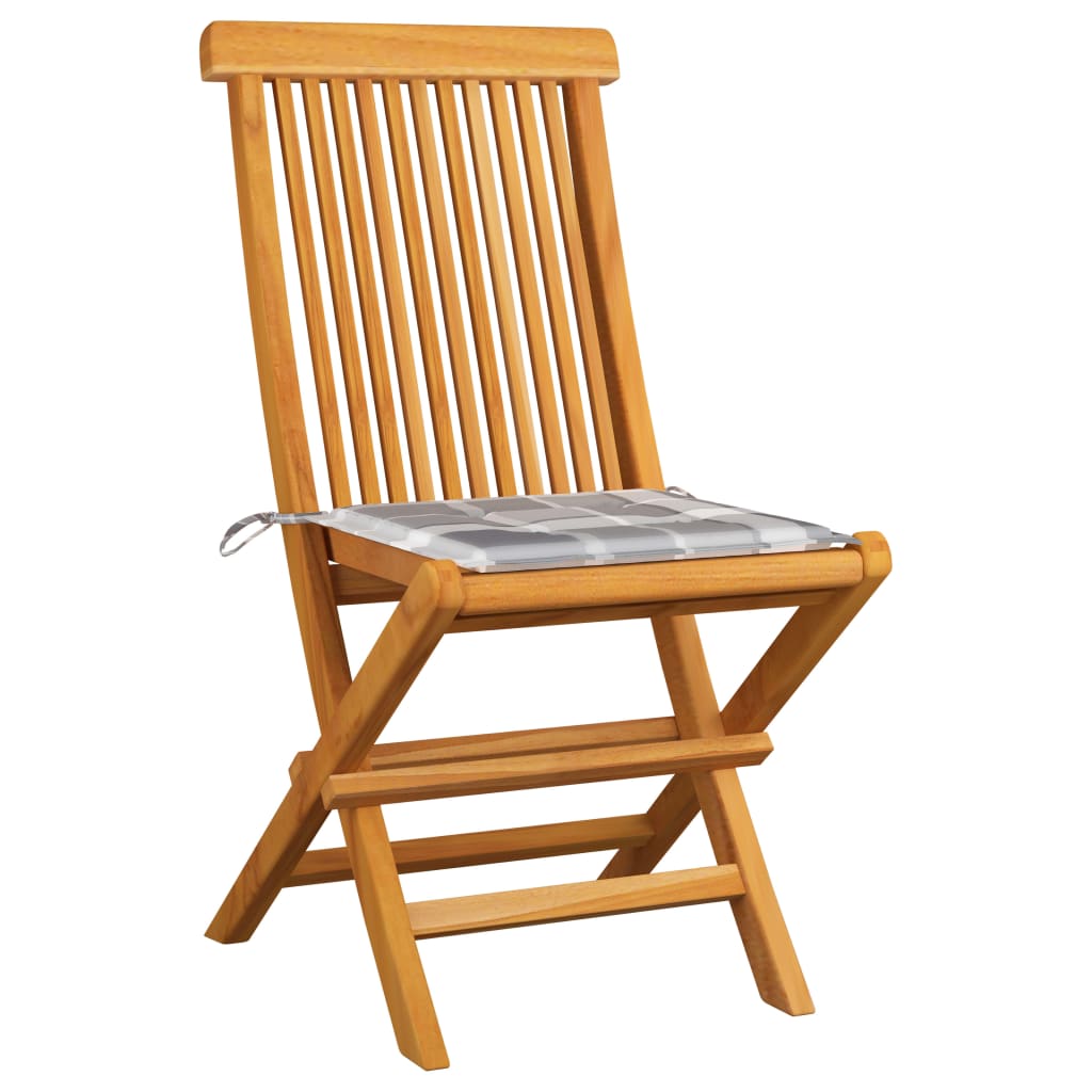 vidaXL Garden Chairs Grey Check Pattern Cushions 2 pcs Solid Teak Wood